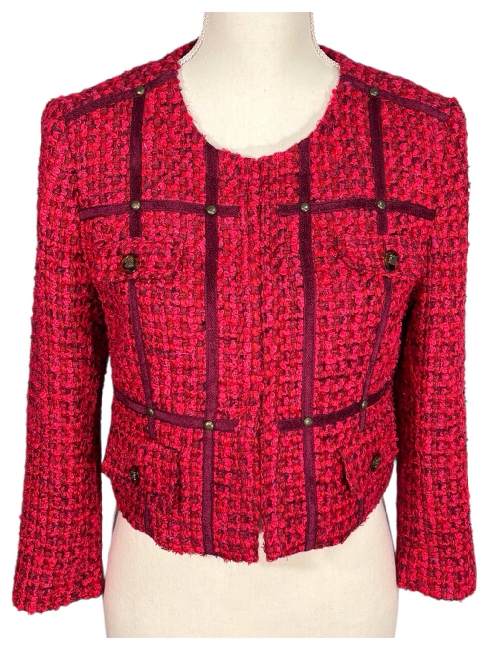 Cache Tweed Blazer Red Burgundy Crop Boxy 3/4 Sleeve Lined Size 2 NWT